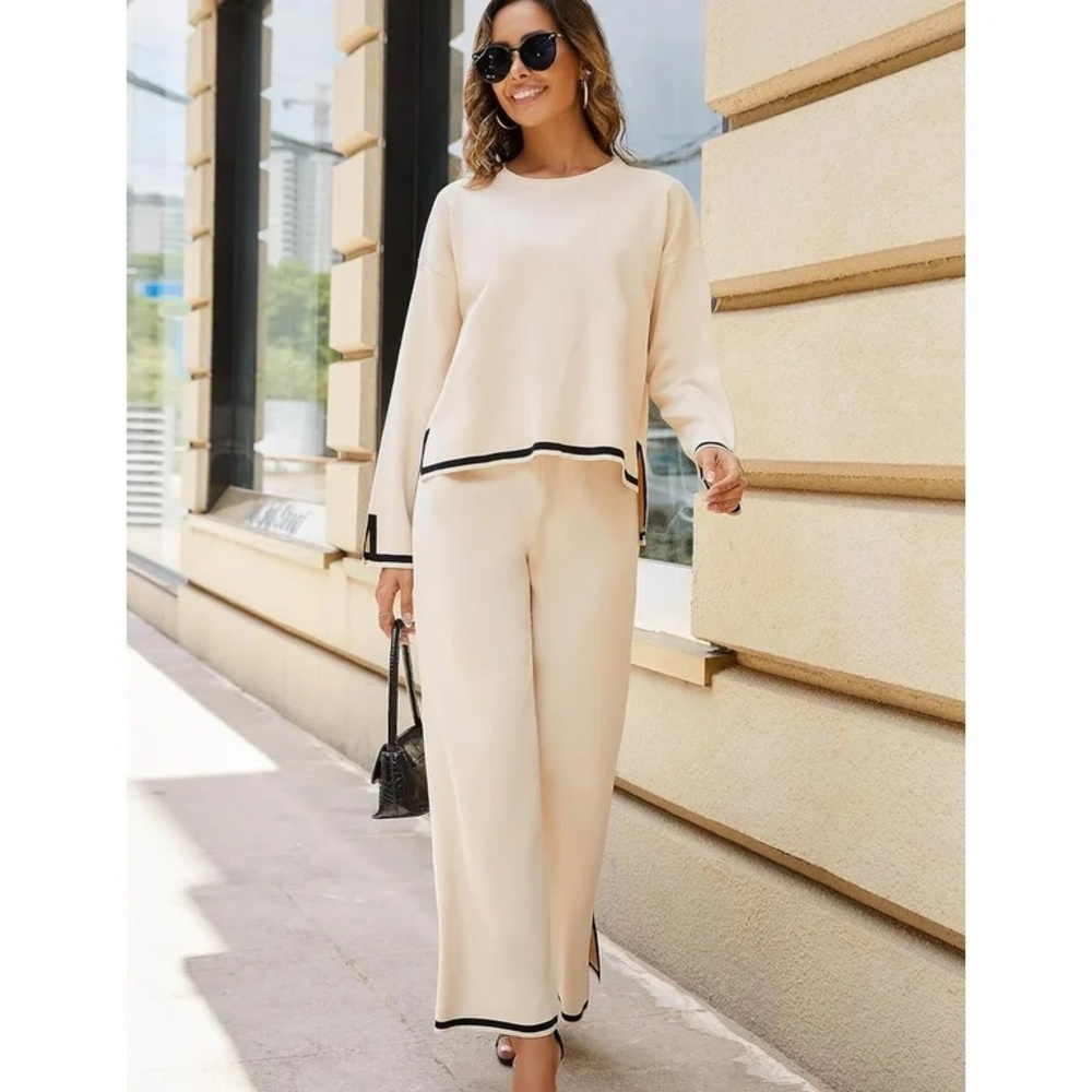 Cream Wide Leg Two-Piece Set with Black Trim